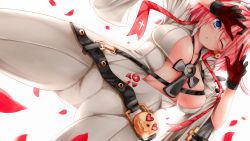Rule 34 | 1girl, ;o, ahoge, ankh, arc system works, bad id, bad pixiv id, belt, belt buckle, blue eyes, blush, bodysuit, breasts, breasts apart, buckle, cameltoe, center opening, cherry blossoms, cleavage, cosplay, cowboy shot, cross, cross necklace, crotch, dutch angle, earrings, elphelt valentine, from below, gloves, guilty gear, guilty gear xrd, hairband, heart, heart-shaped eyes, highres, jack-o&#039; valentine, jack-o&#039; valentine (cosplay), jewelry, large breasts, looking at viewer, looking down, necklace, no bra, one eye closed, open mouth, pants, pantylines, parted lips, petals, pink hair, ribbon, rose petals, shiny skin, short hair, simple background, skin tight, skindentation, snm (sunimi), solo, strap, thighs, tight clothes, tight pants, white background, wide sleeves