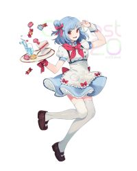 Rule 34 | 1girl, arm up, bad id, bad twitter id, blue hair, blush, bow, breasts, brown footwear, cake, cake slice, food, full body, hair bow, holding, holding tray, looking at viewer, medium breasts, nagu, neckerchief, open mouth, original, plate, puffy short sleeves, puffy sleeves, red bow, red eyes, red neckerchief, short hair, short sleeves, smile, solo, teeth, thighhighs, tray, upper teeth only, v, white thighhighs, wrist cuffs