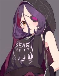 Rule 34 | 10s, 1girl, bare arms, black jacket, black shirt, black tank top, chain, chain necklace, clothes writing, doremi, eyepatch, fang, grey background, hair between eyes, hands in pockets, hayasaka mirei, heart, heart eyepatch, hood, hood up, hooded jacket, idolmaster, idolmaster cinderella girls, jacket, jewelry, looking at viewer, looking down, multicolored hair, necklace, purple hair, red hair, shirt, short hair, simple background, sleeveless, sleeveless jacket, solo, streaked hair, tank top, upper body