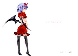 Rule 34 | 1girl, adapted costume, bat wings, black pantyhose, blue hair, bow, character name, fishnet pantyhose, fishnets, from behind, hat, hat bow, looking back, nyuu (manekin-eko), pantyhose, red eyes, remilia scarlet, simple background, solo, touhou, translation request, white background, wings