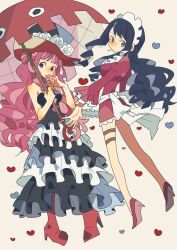 Rule 34 | 2girls, apron, baby 5, black eyes, blue eyes, blunt bangs, boots, cigarette, commentary, dress, drill hair, flower, frilled dress, frills, hat, heart, high heels, highres, holding, holding umbrella, long dress, long hair, looking to the side, maid, maid headdress, multiple girls, noise pp, one piece, perona, pink hair, rose, short dress, sidelocks, top hat, umbrella, white apron, white flower, white rose