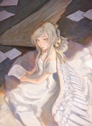 Rule 34 | 1girl, angel wings, artist name, clivenzu, commentary, dress, english commentary, feathered wings, grey hair, hair ribbon, highres, long dress, long hair, looking at viewer, original, paper, parted lips, ribbon, short sleeves, sitting, solo, spread wings, white dress, wings, writing, yellow eyes, yellow ribbon