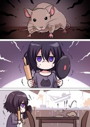 Rule 34 | 1girl, 1other, animal, black hair, bread, chair, food, frying pan, glasses, grey shirt, highres, holding, kitchen, levana violette (lusan666), long sleeves, lusan666, mouse (animal), original, plate, purple eyes, shirt, short hair, table