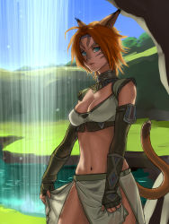 Rule 34 | 00s, 1girl, ahoge, animal ears, backlighting, belt, blue eyes, breasts, cat girl, cleavage, cleavage cutout, clothing cutout, cowboy shot, crop top, day, elbow gloves, face, facial mark, final fantasy, final fantasy xi, fingerless gloves, forehead mark, gem, gloves, grass, headband, highres, large breasts, lips, looking at viewer, midriff, mithra (ff11), nature, navel, orange hair, outdoors, pelvic curtain, short hair, skirt, skirt hold, sky, solo, tail, toned, water, waterfall, wet, yuccoshi