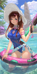 Rule 34 | 1boy, 1girl, absurdres, adapted costume, arm strap, blue eyes, blue nails, blue one-piece swimsuit, breasts, brown hair, closed mouth, cloud, cloudy sky, contrapposto, covered navel, cowboy shot, d.va (overwatch), day, facial mark, finger on trigger, fishing, hair ornament, hairclip, hat, headphones, highres, impossible clothes, impossible swimsuit, innertube, lips, long hair, looking at viewer, medium breasts, nail polish, one-piece swimsuit, outdoors, overwatch, overwatch 1, shaonav, sky, standing, sun hat, swim ring, swimsuit, torbjorn (overwatch), wading, water gun, wristband
