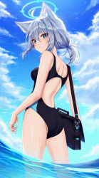 Rule 34 | 1girl, :/, absurdres, animal ear fluff, animal ears, ass, back, backless swimsuit, bag, bare arms, blue archive, blue eyes, blue sky, blush, breasts, cat ears, cloud, cloudy sky, competition swimsuit, cowboy shot, cross hair ornament, day, grey hair, hair ornament, halo, highres, kes 0210, looking at viewer, looking back, median furrow, medium breasts, medium hair, mismatched pupils, multicolored hair, one-piece swimsuit, outdoors, partially submerged, partially underwater shot, ponytail, shiroko (blue archive), shiroko (swimsuit) (blue archive), shoulder bag, sidelocks, sky, solo, standing, swimsuit, two-tone hair, underwater, wading, water