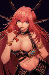 Rule 34 | 1girl, absurdres, arm behind back, armlet, belt, black choker, black nails, bracelet, breasts, chain, chaos (dungeon and fighter), choker, cleavage, dungeon and fighter, earrings, grey eyes, heterochromia, highres, horns, jewelry, knight (dungeon and fighter), large breasts, leaning forward, long hair, mouth hold, nail polish, navel, purple eyes, red hair, simple background, solo, very long hair, wrapper, yeond (yeon04)