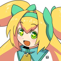 Rule 34 | 1girl, bell, blazblue, blonde hair, bow, colored eyelashes, green bow, green eyes, green hairband, hair between eyes, hair bow, hairband, heart, heart-shaped pupils, long hair, muu (mumumer), neck bell, platinum the trinity, shirt, simple background, solo, symbol-shaped pupils, two side up, upper body, white background, white shirt
