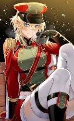 Rule 34 | 1girl, absurdres, black gloves, blonde hair, blue eyes, boots, christmas, epaulettes, gift, gloves, hat, highres, holding, holding gift, military hat, military uniform, original, sitting, smile, snowing, solo, tatsuma daisuke, thighhighs, uniform, white thighhighs