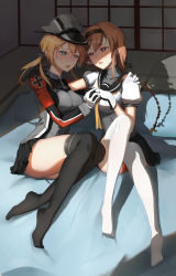 Rule 34 | 2girls, absurdres, after kiss, anchor hair ornament, ass, black legwear, black skirt, blonde hair, blush, braid, breasts, clothes writing, cross, dymao, artistic error, eye contact, full body, gloves, green eyes, hachimaki, hair between eyes, hair ornament, hand on another&#039;s shoulder, hat, headband, heart, heart-shaped pupils, highres, holding hands, indoors, interlocked fingers, iron cross, kantai collection, light brown hair, long hair, looking at another, low twintails, medium breasts, microskirt, military, military uniform, multiple girls, neckerchief, nose blush, panties, peaked cap, pleated skirt, prinz eugen (kancolle), propeller hair ornament, purple eyes, red panties, saliva, saliva trail, school uniform, serafuku, shaded face, skirt, symbol-shaped pupils, teruzuki (kancolle), thighhighs, tongue, tongue out, twin braids, twintails, underbust, underwear, uniform, white gloves, white legwear, yuri