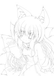 Rule 34 | 1girl, absurdres, animal ears, female focus, fox ears, fox tail, greyscale, highres, impossible clothes, light smile, lineart, long hair, monochrome, multiple tails, no headwear, sakurano asahi, sitting, solo, tabard, tail, touhou, transparent background, yakumo ran