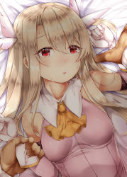 Rule 34 | 1boy, 1girl, :o, ascot, bare shoulders, bed sheet, blonde hair, blush, breasts, collarbone, collared dress, commentary request, dark-skinned male, dark skin, detached sleeves, dress, fate/kaleid liner prisma illya, fate (series), feather hair ornament, feathers, from above, gloves, hair between eyes, hair ornament, hands up, holding another&#039;s wrist, illyasviel von einzbern, long hair, long sleeves, looking at viewer, lying, on back, on bed, orange ascot, parted bangs, pink dress, pov, prisma illya, red eyes, shade, sidelocks, sleeveless, sleeveless dress, small breasts, solo focus, sugiyuu, sweat, two side up, upper body, white gloves