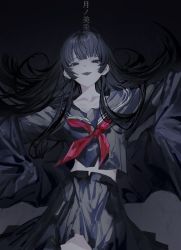 Rule 34 | 1girl, black eyes, black hair, black jacket, black shirt, black skirt, blunt bangs, blunt ends, character name, collarbone, colored skin, empty eyes, floating hair, gradient background, half-closed eyes, highres, hime cut, jacket, long hair, long sleeves, looking at viewer, midriff peek, neckerchief, nijisanji, official alternate costume, open mouth, outstretched arms, pleated skirt, red neckerchief, sailor collar, school uniform, shirt, sidelocks, skirt, smile, solo, suimin (sui 0y0), tsukino mito, tsukino mito (5th costume), virtual youtuber, white skin