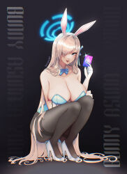 Rule 34 | 1girl, absurdres, animal ears, aqua leotard, asuna (blue archive), asuna (bunny) (blue archive), black background, blue archive, blue bow, blue bowtie, blue eyes, bow, bowtie, breasts, card, character name, cleavage, daifukuart, detached collar, fake animal ears, full body, gloves, hair over one eye, halo, high heels, highleg, highleg leotard, highres, holding, holding card, huge breasts, leotard, light brown hair, long hair, mole, mole on breast, official alternate costume, open mouth, pantyhose, playboy bunny, rabbit ears, shoes, simple background, solo, strapless, strapless leotard, teeth, thighband pantyhose, traditional bowtie, upper teeth only, very long hair, white footwear, white gloves