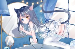 Rule 34 | 1girl, absurdres, all fours, animal ears, ass, bare shoulders, blue eyes, blush, cat ears, cat girl, cat tail, dress, frilled dress, frills, from behind, garter straps, grey hair, heterochromia, highres, indoors, long hair, looking at viewer, looking back, no shoes, off shoulder, orange eyes, original, short dress, solo, tail, tail raised, thighhighs, tsukimiya sara, white dress, white thighhighs