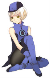Rule 34 | 1girl, atlus, bare shoulders, boots, elizabeth (persona), gloves, hat, pantyhose, persona, persona 3, seiru (prairie), short hair, sleeveless, solo, white background, white hair, yellow eyes