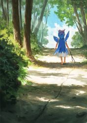 Rule 34 | 1girl, barefoot, blue bow, blue dress, blue hair, bow, cirno, day, dress, fairy, fjsmu, forest, from behind, hair bow, highres, ice, ice wings, nature, puffy short sleeves, puffy sleeves, shirt, short hair, short sleeves, solo, touhou, tree, white shirt, wings