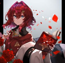 Rule 34 | 1girl, absurdres, ange katrina, ange katrina (1st costume), blue eyes, book, floating hair, flower, highres, holding, holding book, looking at viewer, nijisanji, red flower, red hair, red rose, rose, short hair, solo, takena-c, triangle hair ornament, virtual youtuber