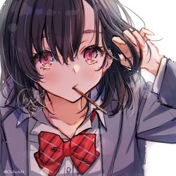 Rule 34 | 1girl, black hair, blazer, bow, bowtie, collarbone, collared shirt, food, food in mouth, gradient eyes, grey jacket, hair between eyes, hand in own hair, highres, jacket, light blush, long sleeves, looking at viewer, multicolored eyes, open collar, original, pocky, pocky day, pocky in mouth, red bow, red bowtie, red eyes, school uniform, shinishi chiho, shirt, signature, simple background, sketch, solo, striped bow, striped bowtie, striped clothes, thick eyelashes, twitter username, watermark, white background, white shirt, yellow eyes