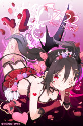 Rule 34 | 10s, 1girl, ;q, bare shoulders, black hair, breasts, character name, cleavage, dated, fingerless gloves, fishnet thighhighs, fishnets, flower, garter belt, gloves, hand on own cheek, hand on own face, heart, heart-shaped pupils, heart tattoo, highres, kitahara tomoe (kitahara koubou), love live!, love live! school idol festival, love live! school idol project, lying, nail polish, on stomach, one eye closed, petals, red eyes, red gloves, red nails, red skirt, rose, short hair, skirt, solo, symbol-shaped pupils, tattoo, thighhighs, tiara, tongue, tongue out, twintails, twitter username, yazawa nico