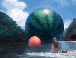 Rule 34 | barefoot, basin, cloud, commentary, day, floating, floating object, fmu, food, forest, from behind, fruit, grey hair, holding, holding clothes, leaning forward, long hair, low ponytail, momotarou, nature, outdoors, oversized food, oversized object, parody, peach, ponytail, river, solo, washing, watermelon