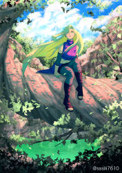 Rule 34 | 1girl, absurdres, blonde hair, brown footwear, cloud, cloudy sky, crop top, elbow sleeve, fishnets, forest, green eyes, hair over one eye, highres, in tree, long hair, naruto, naruto (series), naruto shippuuden, nature, pond, sitting, sitting in tree, sky, solo, sssiii7610, toeless footwear, tree, very long hair, yamanaka ino