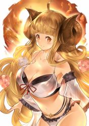 Rule 34 | 1girl, ahoge, anila (granblue fantasy), anila (summer) (granblue fantasy), arms at sides, backlighting, blonde hair, blunt bangs, breasts, cleavage, commentary request, cowboy shot, detached sleeves, draph, evening, flower, from side, granblue fantasy, hair flower, hair ornament, highres, horns, huge breasts, leaning forward, long hair, looking at viewer, midriff, navel, see-through, sheep horns, short eyebrows, smile, solo, standing, sun, taka00277657, very long hair, yellow eyes