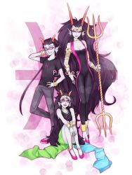 Rule 34 | 3girls, anklet, armlet, black hair, bracelet, braid, breasts, choker, colored sclera, colored skin, crown, diadem, dual persona, ear piercing, eyebrow piercing, fangs, feferi peixes, fins, gills, glasses, goggles, grey skin, grin, head fins, her imperial condescension, highres, homestuck, horns, jewelry, jumpsuit, long hair, lots of jewelry, meenah peixes, multiple girls, nail polish, necklace, open mouth, piercing, pisces (symbol), pisces (zodiac), polearm, sharp teeth, sitting, skirt, small breasts, smile, teeth, ti9931, trident, twin braids, very long hair, weapon, white eyes, yellow sclera, zodiac