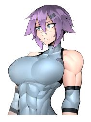 Rule 34 | 1girl, abs, bare shoulders, blue eyes, breasts, commentary, covered collarbone, english commentary, hair between eyes, hair ornament, hairclip, highres, large breasts, maya (roadi3), muscular, muscular female, original, purple hair, roadi3, scar, shirt, short hair, simple background, skin tight, solo, standing, tight clothes, tight shirt, upper body, white background