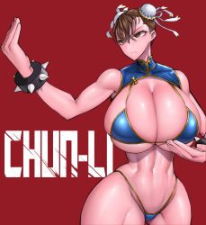 Rule 34 | 1girl, abs, absurdres, ass, bikini, bracelet, breasts, brown eyes, bun cover, cameltoe, capcom, character name, chun-li, curvy, fighting stance, hair bun, highres, huge breasts, jewelry, micro bikini, muscular, muscular female, red background, short hair, simple background, solo, spiked bracelet, spikes, street fighter, swimsuit, thick thighs, thighs, wide hips, wolffeld price