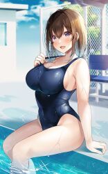 Rule 34 | 1girl, :d, arm support, bare arms, bare legs, black one-piece swimsuit, blue sky, blush, breasts, brown hair, chain-link fence, cleavage, cloud, collarbone, colored eyelashes, commentary, day, fence, hair between eyes, hawawa-chan (shiro kuma shake), highres, large breasts, looking at viewer, one-piece swimsuit, open mouth, original, outdoors, partially submerged, pool, poolside, puddle, purple eyes, school swimsuit, shiro kuma shake, short hair, sideboob, sitting, sky, smile, solo, swimsuit, thighs, wet