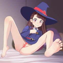 Rule 34 | 1girl, anus, aruman, blush, bottomless, brown hair, censored, feet, hat, kagari atsuko, little witch academia, long hair, looking at viewer, pussy, red eyes, smile, soles, solo, toes, witch hat