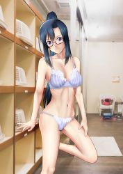 Rule 34 | 10s, 1girl, arm support, asymmetrical bangs, bath, black-framed eyewear, black hair, bra, breasts, changing room, closed mouth, commentary request, glasses, hand on own thigh, hanebado!, head tilt, highres, izumi riko, lace, lace-trimmed bra, lace-trimmed panties, lace trim, leg up, legs, light smile, long hair, looking at viewer, medium breasts, navel, panties, partial commentary, photo background, ponytail, purple eyes, semi-rimless eyewear, sidelocks, skindentation, solo, standing, standing on one leg, string panties, striped bra, striped clothes, striped panties, under-rim eyewear, underwear, vertical-striped bra, vertical-striped clothes, vertical-striped panties, y y e cart mach