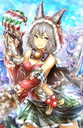 Rule 34 | 10s, 1girl, animal ears, breasts, christmas, claw (weapon), claws, collar, ears through headwear, erune, fangs, gloves, granblue fantasy, hair between eyes, hourainingyou, looking at viewer, open mouth, sen (granblue fantasy), silver hair, skirt, smile, snowflakes, solo, weapon