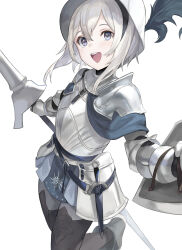 Rule 34 | 1girl, armor, boots, breastplate, dagger, grey eyes, helmet, highres, holding, holding polearm, holding weapon, km yama, knife, lance, original, polearm, shield, shoulder armor, simple background, skirt, solo, weapon, white background, white hair