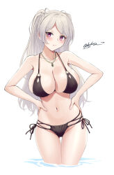 Rule 34 | 1girl, alternate costume, artist name, bikini, black bikini, breasts, cleavage, commentary request, conte di cavour (kancolle), cowboy shot, dated, gluteal fold, grey hair, hands on own hips, highres, jewelry, kantai collection, large breasts, long hair, navel, necklace, odachu, one-hour drawing challenge, partially submerged, purple eyes, side-tie bikini bottom, simple background, solo, swimsuit, very long hair, white background