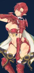 Rule 34 | 1girl, bow (weapon), breasts, earrings, facial mark, gloves, highres, holding, holding bow (weapon), holding weapon, jewelry, looking at viewer, murata tefu, open mouth, phia mell, pointy ears, red eyes, red hair, short hair, simple background, solo, star ocean, star ocean anamnesis, star ocean first departure, tail, weapon