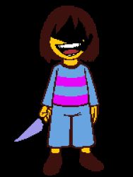 Rule 34 | 1other, androgynous, animated, animated gif, blue pants, brown footwear, brown hair, chara (undertale), dark persona, facing viewer, frisk (undertale), full body, gender request, knife, laughing, looking at viewer, lowres, mousou dairinin, pants, parody, pixel art, shirt, shounen bat, solo, spoilers, striped clothes, striped shirt, transparent background, undertale