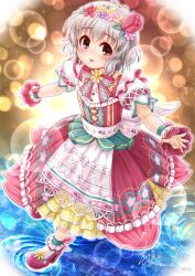 Rule 34 | 1girl, :d, blush, bow, brown eyes, commentary request, dated, dress, flower, frilled dress, frills, full body, grey hair, hair flower, hair ornament, high heels, highres, idolmaster, idolmaster cinderella girls, idolmaster cinderella girls starlight stage, looking at viewer, mole, mole under eye, narumiya yume, open mouth, pink flower, puffy short sleeves, puffy sleeves, purple flower, red bow, red dress, red flower, red footwear, red tulip, regular mow, ripples, shirt, short sleeves, signature, smile, solo, sparkle, tulip, twitter username, walking, walking on liquid, water, white shirt, wrist cuffs, yellow flower