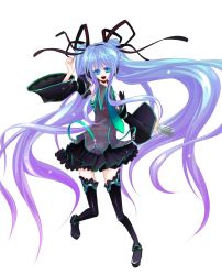Rule 34 | beshi, boots, detached sleeves, hair ribbon, hatsune miku, headphones, long hair, microphone, multicolored hair, necktie, open mouth, ribbon, skirt, solo, thighhighs, twintails, two-tone hair, very long hair, vocaloid, zettai ryouiki