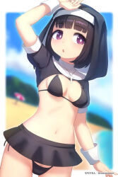 Rule 34 | 1girl, artist name, beach, bikini, black bikini, black hair, black skirt, blurry, blurry background, bob cut, breasts, cross, depth of field, detached sleeves, female focus, female pubic hair, habit, hand up, highres, medium breasts, navel, nazoemonn, nun, open clothes, open mouth, outdoors, pubic hair, purple eyes, raised eyebrows, revealing clothes, short hair, short sleeves, side-tie bikini bottom, skirt, small breasts, solo, standing, stomach, swimsuit, tagme
