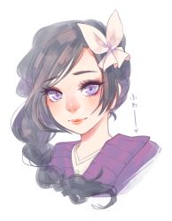 Rule 34 | 1girl, artist name, black hair, borrowed character, braid, character request, eyebrows, fuwaffy, hair over shoulder, hair ribbon, lips, long hair, looking at viewer, monochrome, nose, original, pale color, portrait, purple eyes, ribbon, side braid, simple background, single braid, sketch, smile, solo, swept bangs, upper body, white background, white ribbon