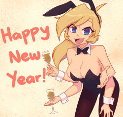 Rule 34 | 1girl, bare shoulders, blonde hair, blue eyes, breasts, cleavage, cup, drinking glass, extra arms, fangs, large breasts, leotard, original, rabbit ears, solo, xyronii