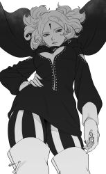 Rule 34 | 1girl, boruto: naruto next generations, cape, cleavage cutout, clothing cutout, delta (boruto), dress, facial tattoo, greyscale, hand on own hip, highres, looking at viewer, looking down, monochrome, naruto (series), nrt os (artist), short hair, tattoo, thighhighs, white background, wind