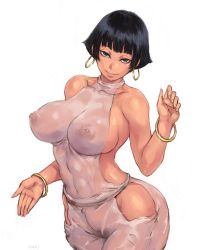 Rule 34 | 1girl, arched back, ass, bare arms, bare shoulders, black eyes, black hair, blunt bangs, borrowed character, bracelet, breasts, closed mouth, commentary, covered collarbone, covered erect nipples, cowboy shot, curvy, dark-skinned female, dark skin, earrings, female pubic hair, fingernails, glint, half-closed eyes, halterneck, hand up, hip focus, hoop earrings, huge ass, impossible clothes, jewelry, large breasts, looking at viewer, nefertari (tsukudani), nipples, original, outstretched hand, pubic hair, see-through, shiny skin, short hair, shu-mai, sideboob, simple background, skin tight, sleeveless, smile, solo, standing, thick thighs, thighs, very short hair, white background, wide hips