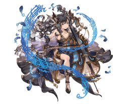 Rule 34 | 10s, 1girl, augusta (granblue fantasy), bare shoulders, black gloves, black hair, breasts, butterfly hair ornament, cello, chair, cleavage, draph, dress, feathers, full body, gloves, granblue fantasy, hair ornament, horns, instrument, large breasts, long hair, looking at viewer, minaba hideo, musical note, official art, pointy ears, sitting, sleeveless, solo, transparent background, yellow eyes