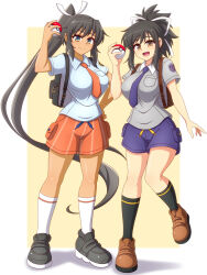 Rule 34 | 2girls, :d, asuka (senran kagura), backpack, bag, black bag, black footwear, black hair, black socks, blue shirt, blush, breast pocket, breasts, brown bag, brown eyes, brown footwear, closed mouth, collar, collared shirt, cosplay, creatures (company), crossover, dark-skinned female, dark skin, game freak, green eyes, grey shirt, groin, hair ribbon, hand on own hip, high ponytail, holding, holding poke ball, homura (senran kagura), juliana (pokemon), juliana (pokemon) (cosplay), kneehighs, large breasts, long hair, looking at viewer, multiple girls, naranja academy (emblem), naranja academy school uniform, necktie, nemona (pokemon), nemona (pokemon) (cosplay), nintendo, open mouth, orange necktie, orange pants, orange shorts, pants, pocket, poke ball, poke ball (basic), pokemon, pokemon sv, ponytail, purple necktie, purple pants, purple shorts, ribbon, school uniform, senran kagura, senran kagura estival versus, senran kagura shinovi versus, senran kagura shoujo-tachi no shin&#039;ei, shirt, shoes, short ponytail, short sleeves, shorts, sidelocks, smile, socks, standing, standing on one leg, striped clothes, striped shorts, tan, teeth, thighhighs, tongue, two-tone background, upper teeth only, uva academy (emblem), uva academy school uniform, vertical-striped clothes, vertical-striped shorts, very long hair, white background, white collar, white ribbon, white socks, yellow background, zetsumu