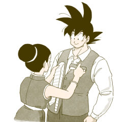 Rule 34 | black eyes, black hair, chi-chi (dragon ball), couple, dragon ball, formal, happy, husband and wife, lowres, muscular, muscular male, smile, son goku, suit, tagme