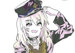 Rule 34 | 1girl, absurdres, adjusting clothes, adjusting headwear, black choker, black hat, black jacket, blonde hair, choker, commentary, girls band cry, hat, highres, jacket, kawaragi momoka, long sleeves, looking at viewer, medium hair, military hat, open mouth, simple background, solo, upper body, white background, ydpfa