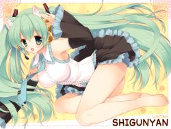 Rule 34 | 1girl, animal ears, barefoot, cat ears, detached sleeves, flower, green eyes, green hair, hair flower, hair ornament, hatsune miku, headset, kemonomimi mode, long hair, looking at viewer, matching hair/eyes, open mouth, shigunyan, skirt, smile, solo, twintails, very long hair, vocaloid